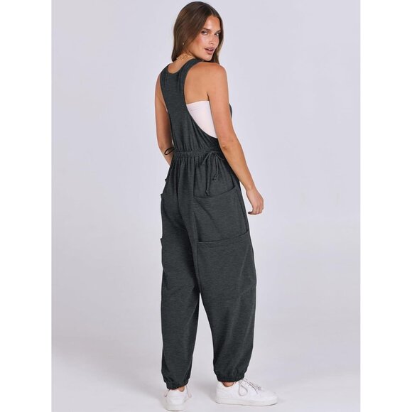 Women Dark Grey Overall Jumpsuit Loose Casual Dressy Sleeveless Baggy Romper - Picture 5 of 6